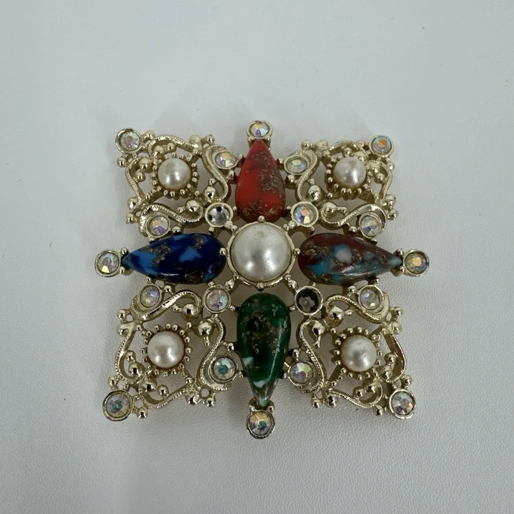 Sarah Coventry Galaxy Pin Pendant‎ AB Rhinestone Faux Pearl Gold Tone Brooch